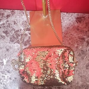 Gold sequin crossbody bag with gold toned hardware